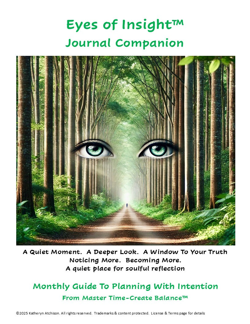 Cover page for Eyes of Insight™, journal companion for Master Time - Create Balance Digital All-In-One Planner. Artwork shows "all seeing eyes" emerging from a forest, symbolizing self-reflection and connection between inner and outer worlds.