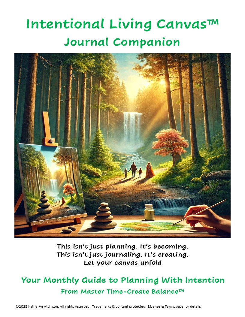 Cover of Intentional Living Canvas™ Blog Companion, supplemental resource from MTCB™ featuring a forest scene with image of a painted canvas in front of a forest scene and luminous path symbolizing Head Led and Heart Lived