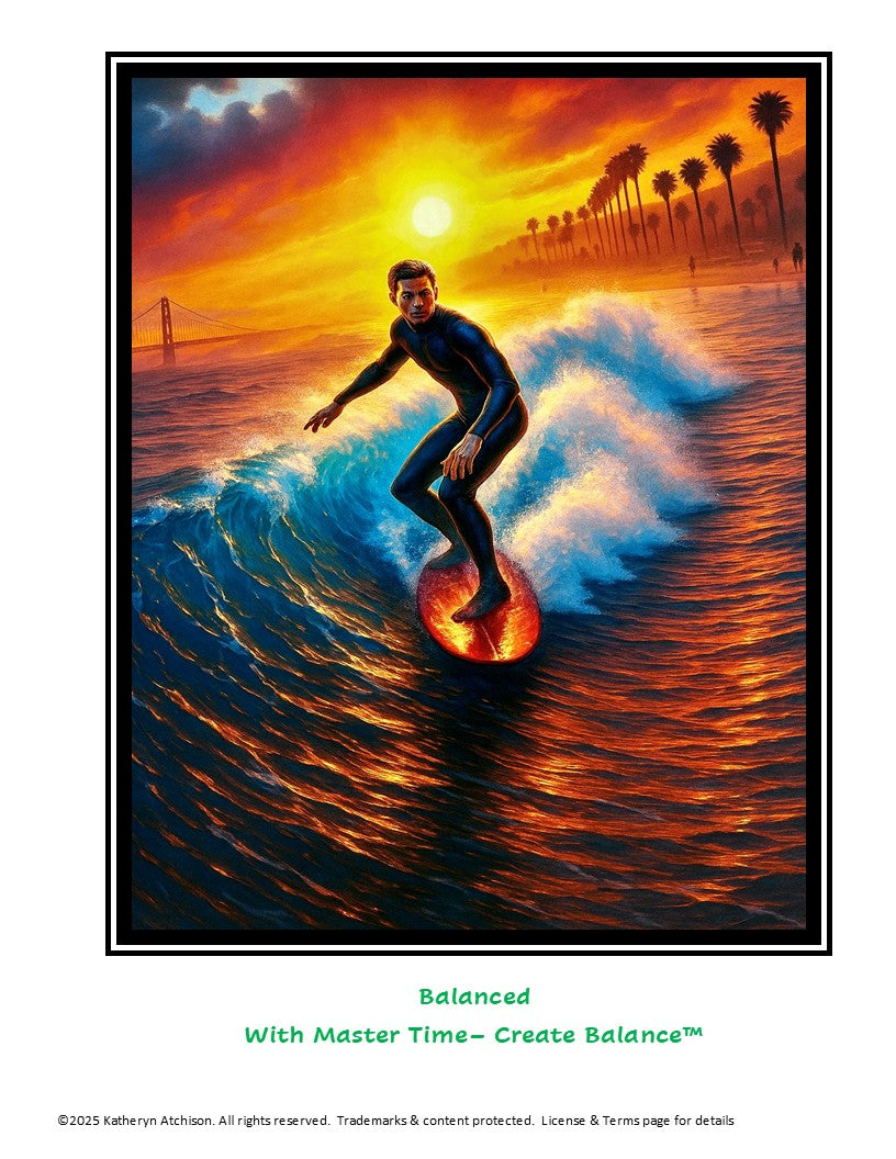 One of the cover pages for Master Time-Create Balance™ Digital All In-One Planner.  Image is of a surfer at sunset along a beach, symbolizing "Balance" 