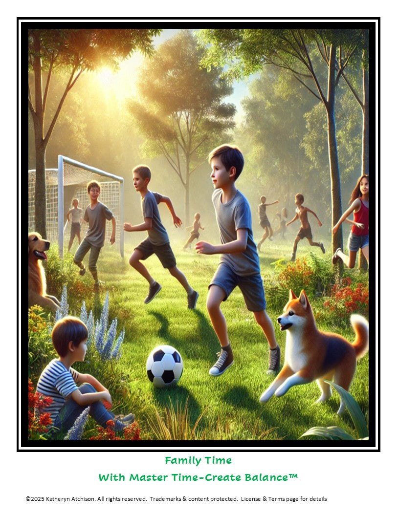 One of the cover pages for Master Time-Create Balance ™ Digital All-In-One Planner.  Image is of children playing soccer with pets at their side, symbolizing balance in planning for "Family Time" 