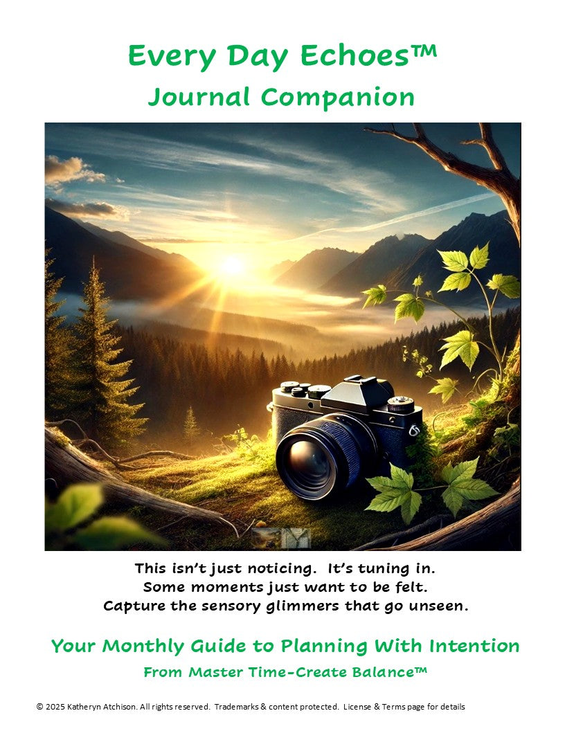 Cover page for Every Day Echoes, a supplementary journal for MTCB™ Digital All-In-One Planner. The artwork shows a camera resting on a trail with sunlight breaking over the horizon, symbolizing a sensory journey with Intentional Living.