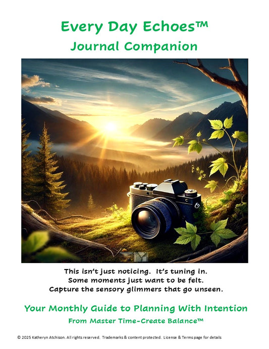 Cover page for Every Day Echoes, a supplementary journal for MTCB™ Digital All-In-One Planner. The artwork shows a camera resting on a trail with sunlight breaking over the horizon, symbolizing a sensory journey with Intentional Living.